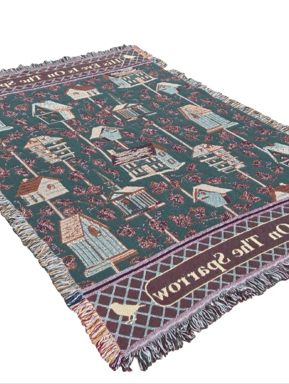 Vintage Christian Throw Blanket His Eye Is On The Sparrow Birdhouse Tapestry 90s